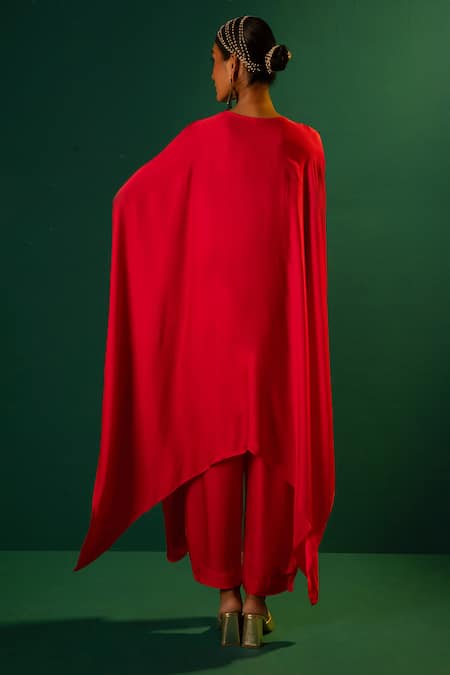 Shop_Prahnaaya_Red Satin Embroidery V-neck Morrocon Hand Kaftan And Pant Set _at_Aza_Fashions