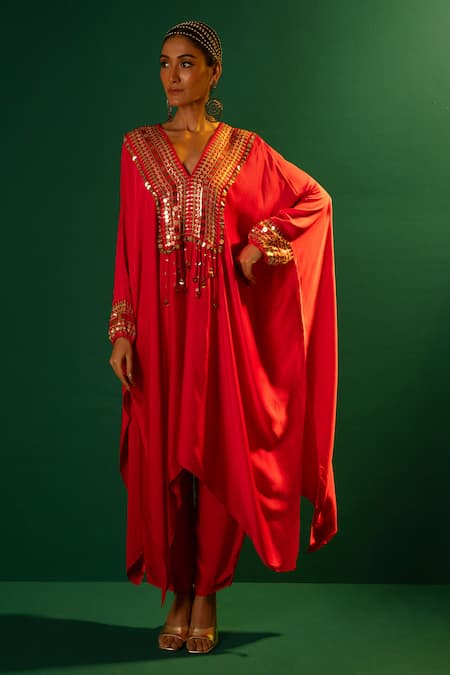 Prahnaaya_Red Satin Embroidery V-neck Morrocon Hand Kaftan And Pant Set _Online_at_Aza_Fashions
