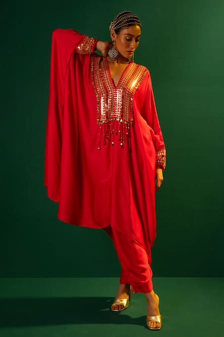Buy_Prahnaaya_Red Satin Embroidery V-neck Morrocon Hand Kaftan And Pant Set _Online_at_Aza_Fashions