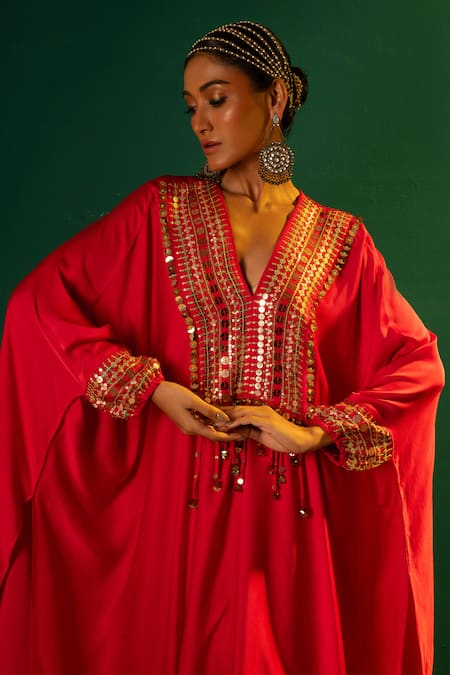 Shop_Prahnaaya_Red Satin Embroidery V-neck Morrocon Hand Kaftan And Pant Set _Online_at_Aza_Fashions