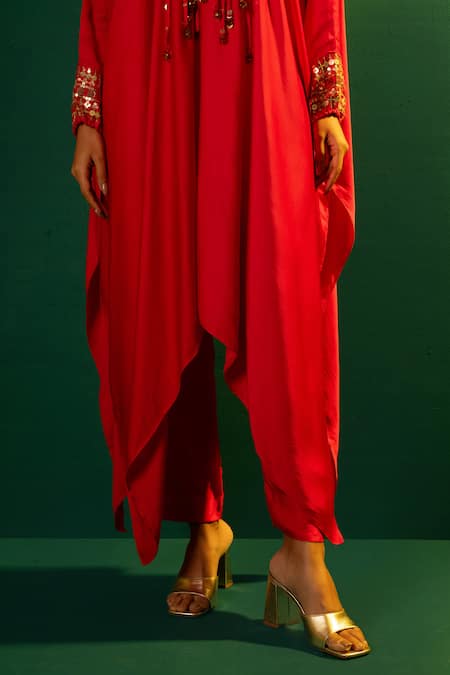 Prahnaaya_Red Satin Embroidery V-neck Morrocon Hand Kaftan And Pant Set _at_Aza_Fashions