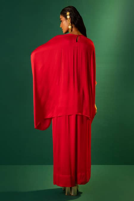 Shop Prahnaaya Red Satin Mirrors, Sequins Round Neck Hand Embroidered Tunic And Pant Set at Aza Fashions Shop_Prahnaaya_Red Satin Mirrors, Sequins Round Neck Hand Embroidered Tunic And Pant Set _at_Aza_Fashions