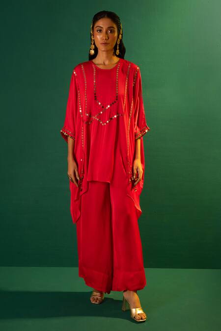 Prahnaaya Red Satin Mirrors, Sequins Round Neck Hand Embroidered Tunic And Pant Set Online at Aza Fashions Prahnaaya_Red Satin Mirrors, Sequins Round Neck Hand Embroidered Tunic And Pant Set _Online_at_Aza_Fashions