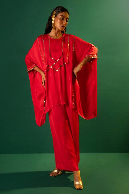 Buy Prahnaaya Red Satin Mirrors, Sequins Round Neck Hand Embroidered Tunic And Pant Set Online at Aza Fashions Buy_Prahnaaya_Red Satin Mirrors, Sequins Round Neck Hand Embroidered Tunic And Pant Set _Online_at_Aza_Fashions