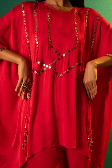 Shop Prahnaaya Red Satin Mirrors, Sequins Round Neck Hand Embroidered Tunic And Pant Set Online at Aza Fashions Shop_Prahnaaya_Red Satin Mirrors, Sequins Round Neck Hand Embroidered Tunic And Pant Set _Online_at_Aza_Fashions