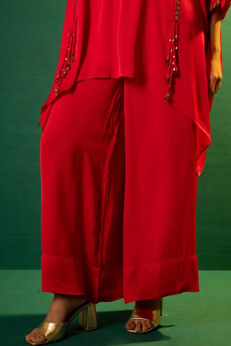 Prahnaaya Red Satin Mirrors, Sequins Round Neck Hand Embroidered Tunic And Pant Set at Aza Fashions Prahnaaya_Red Satin Mirrors, Sequins Round Neck Hand Embroidered Tunic And Pant Set _at_Aza_Fashions