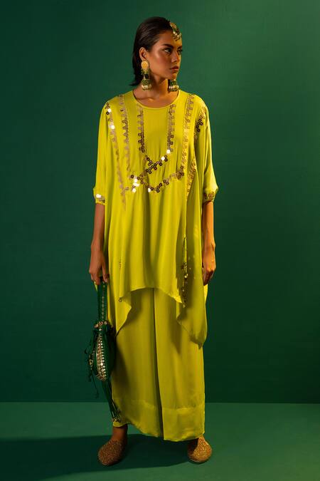 Prahnaaya Green Satin Embroidery, Sequins, Mirrors Round Neck Masai Hand Tunic And Pant Set Online at Aza Fashions Prahnaaya_Green Satin Embroidery, Sequins, Mirrors Round Neck Masai Hand Tunic And Pant Set _Online_at_Aza_Fashions