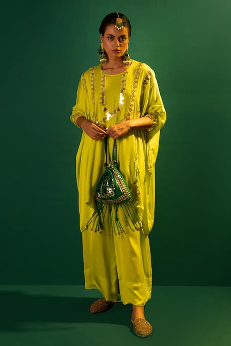 Buy Prahnaaya Green Satin Embroidery, Sequins, Mirrors Round Neck Masai Hand Tunic And Pant Set Online at Aza Fashions Buy_Prahnaaya_Green Satin Embroidery, Sequins, Mirrors Round Neck Masai Hand Tunic And Pant Set _Online_at_Aza_Fashions