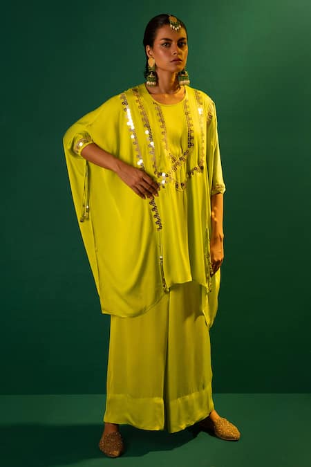 Shop Prahnaaya Green Satin Embroidery, Sequins, Mirrors Round Neck Masai Hand Tunic And Pant Set Online at Aza Fashions Shop_Prahnaaya_Green Satin Embroidery, Sequins, Mirrors Round Neck Masai Hand Tunic And Pant Set _Online_at_Aza_Fashions
