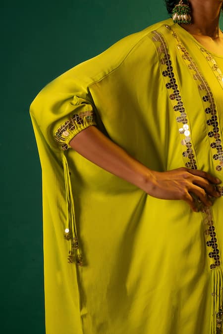 Prahnaaya Green Satin Embroidery, Sequins, Mirrors Round Neck Masai Hand Tunic And Pant Set at Aza Fashions Prahnaaya_Green Satin Embroidery, Sequins, Mirrors Round Neck Masai Hand Tunic And Pant Set _at_Aza_Fashions