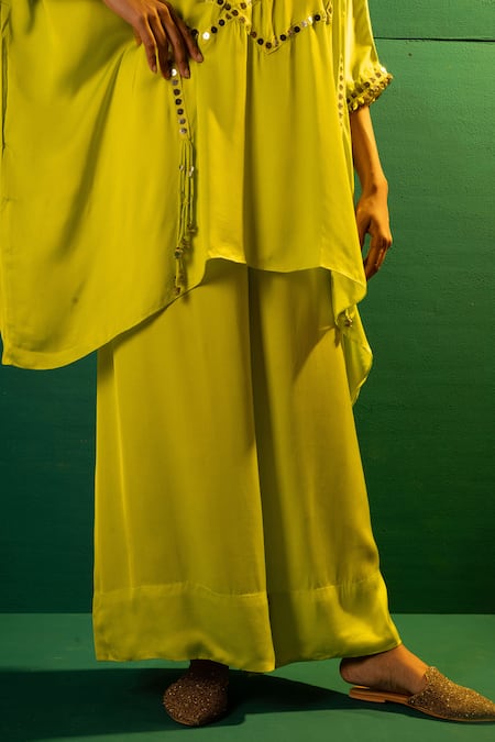 Buy Prahnaaya Green Satin Embroidery, Sequins, Mirrors Round Neck Masai Hand Tunic And Pant Set Buy_Prahnaaya_Green Satin Embroidery, Sequins, Mirrors Round Neck Masai Hand Tunic And Pant Set