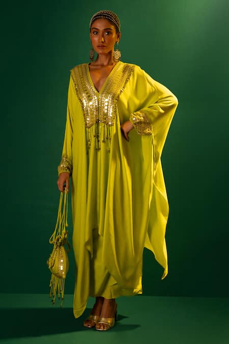 PRAHNAAYA Green Satin Hand Embroidered Mirror V Neck Masai Kaftan And Skirt Set 