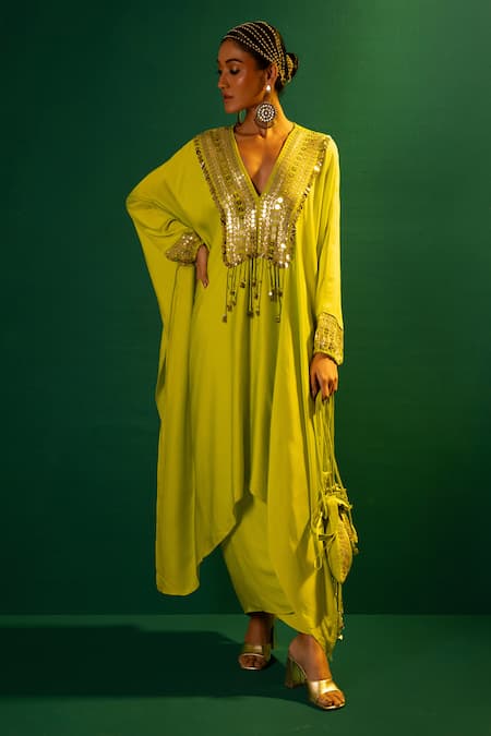 Shop Prahnaaya Green Satin Mirrors, Sequins V-neck Masai Hand Embroidered Kaftan And Skirt Set at Aza Fashions Shop_Prahnaaya_Green Satin Mirrors, Sequins V-neck Masai Hand Embroidered Kaftan And Skirt Set _at_Aza_Fashions