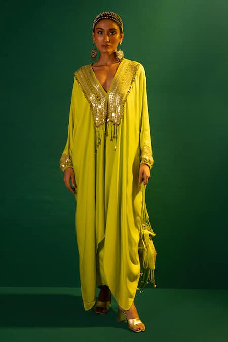 Prahnaaya Green Satin Mirrors, Sequins V-neck Masai Hand Embroidered Kaftan And Skirt Set Online at Aza Fashions Prahnaaya_Green Satin Mirrors, Sequins V-neck Masai Hand Embroidered Kaftan And Skirt Set _Online_at_Aza_Fashions
