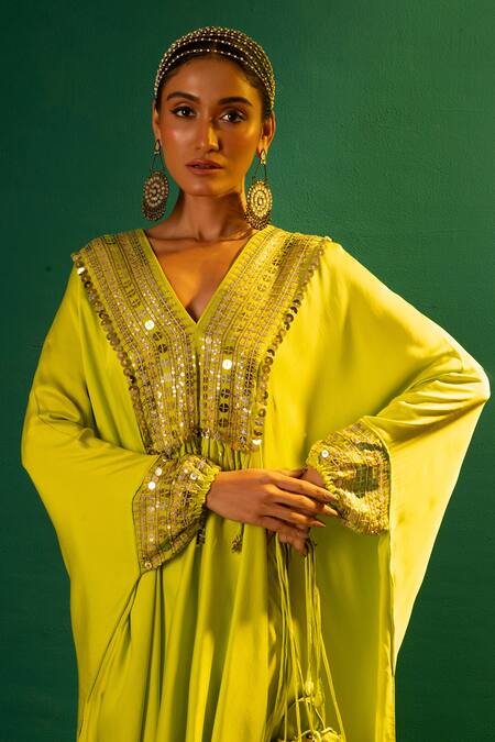 Shop Prahnaaya Green Satin Mirrors, Sequins V-neck Masai Hand Embroidered Kaftan And Skirt Set Online at Aza Fashions Shop_Prahnaaya_Green Satin Mirrors, Sequins V-neck Masai Hand Embroidered Kaftan And Skirt Set _Online_at_Aza_Fashions