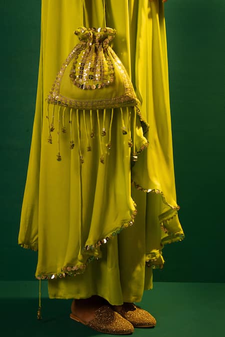 Buy_Prahnaaya_Green Satin Mirrors, Sequins Round Saasha Border Embroidered Kurta And Palazzo Set _Online_at_Aza_Fashions