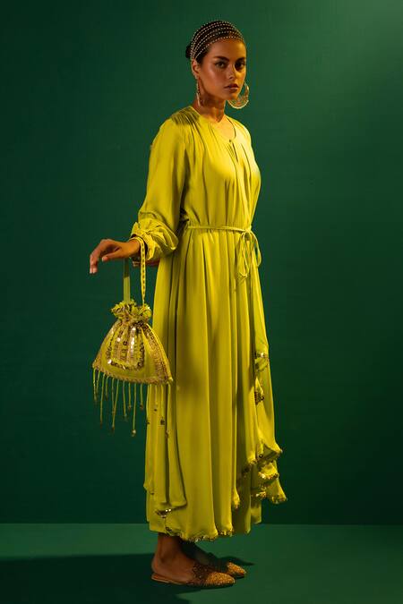 Shop_Prahnaaya_Green Satin Mirrors, Sequins Round Saasha Border Embroidered Kurta And Palazzo Set _Online_at_Aza_Fashions