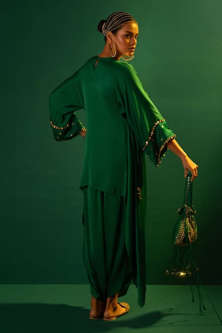 Shop Prahnaaya Green Satin Sequins Round Neck Aseeman Hand Embroidered Tunic With Dhoti Skirt at Aza Fashions Shop_Prahnaaya_Green Satin Sequins Round Neck Aseeman Hand Embroidered Tunic With Dhoti Skirt _at_Aza_Fashions