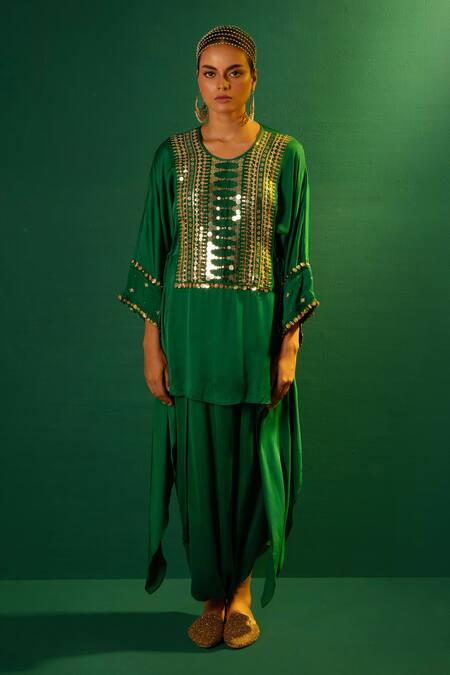 Prahnaaya Green Satin Sequins Round Neck Aseeman Hand Embroidered Tunic With Dhoti Skirt Online at Aza Fashions Prahnaaya_Green Satin Sequins Round Neck Aseeman Hand Embroidered Tunic With Dhoti Skirt _Online_at_Aza_Fashions