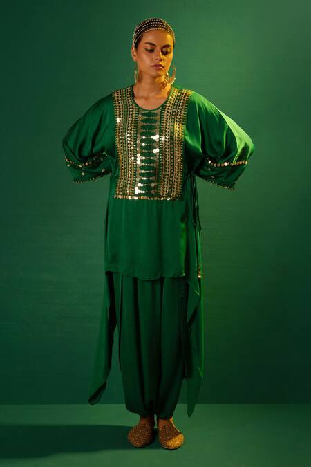 Buy Prahnaaya Green Satin Sequins Round Neck Aseeman Hand Embroidered Tunic With Dhoti Skirt Online at Aza Fashions Buy_Prahnaaya_Green Satin Sequins Round Neck Aseeman Hand Embroidered Tunic With Dhoti Skirt _Online_at_Aza_Fashions