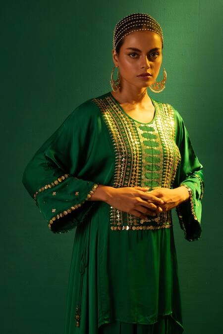 Shop Prahnaaya Green Satin Sequins Round Neck Aseeman Hand Embroidered Tunic With Dhoti Skirt Online at Aza Fashions Shop_Prahnaaya_Green Satin Sequins Round Neck Aseeman Hand Embroidered Tunic With Dhoti Skirt _Online_at_Aza_Fashions