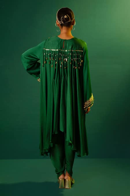Shop Prahnaaya Green Satin Sequins, Embroidery Round Mahi Placement Hand Kurta Dhoti Pant Set at Aza Fashions Shop_Prahnaaya_Green Satin Sequins, Embroidery Round Mahi Placement Hand Kurta Dhoti Pant Set _at_Aza_Fashions
