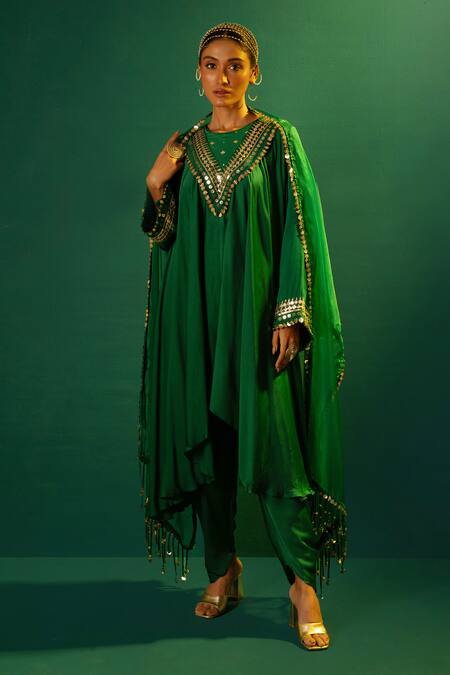 Prahnaaya Green Satin Sequins, Embroidery Round Mahi Placement Hand Kurta Dhoti Pant Set Online at Aza Fashions Prahnaaya_Green Satin Sequins, Embroidery Round Mahi Placement Hand Kurta Dhoti Pant Set _Online_at_Aza_Fashions