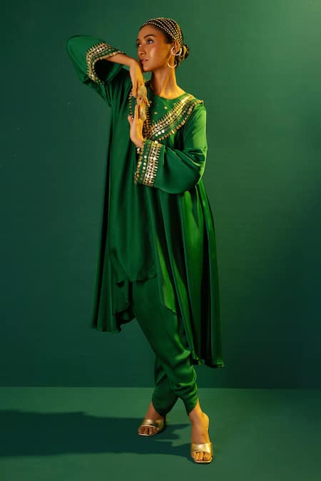 Buy Prahnaaya Green Satin Sequins, Embroidery Round Mahi Placement Hand Kurta Dhoti Pant Set Online at Aza Fashions Buy_Prahnaaya_Green Satin Sequins, Embroidery Round Mahi Placement Hand Kurta Dhoti Pant Set _Online_at_Aza_Fashions