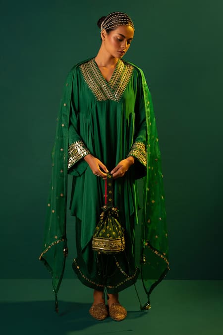 Prahnaaya Green Satin Sequins Ariyana Placement Hand Embroidered Kurta With Harem Pant Online at Aza Fashions Prahnaaya_Green Satin Sequins Ariyana Placement Hand Embroidered Kurta With Harem Pant _Online_at_Aza_Fashions