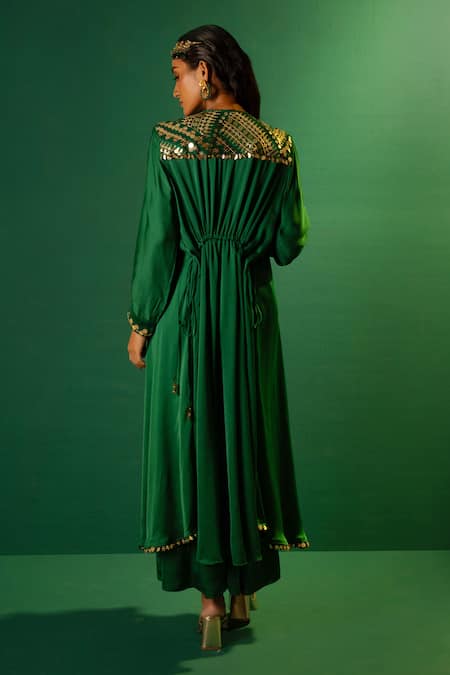 Shop Prahnaaya Green Satin Sequins Round Saasha Placement Hand Embroidered Kurta With Palazzo at Aza Fashions Shop_Prahnaaya_Green Satin Sequins Round Saasha Placement Hand Embroidered Kurta With Palazzo _at_Aza_Fashions