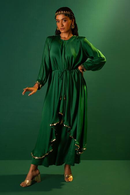 Buy Prahnaaya Green Satin Sequins Round Saasha Placement Hand Embroidered Kurta With Palazzo Online at Aza Fashions Buy_Prahnaaya_Green Satin Sequins Round Saasha Placement Hand Embroidered Kurta With Palazzo _Online_at_Aza_Fashions