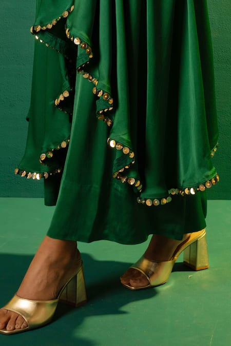Shop Prahnaaya Green Satin Sequins Round Saasha Placement Hand Embroidered Kurta With Palazzo Online at Aza Fashions Shop_Prahnaaya_Green Satin Sequins Round Saasha Placement Hand Embroidered Kurta With Palazzo _Online_at_Aza_Fashions