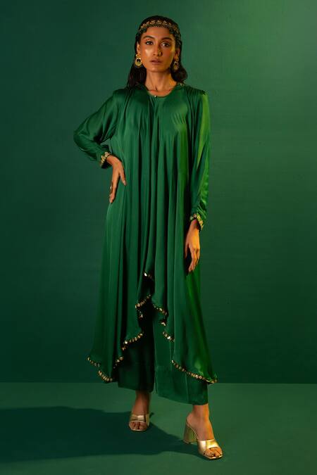 Prahnaaya Green Satin Sequins Round Saasha Placement Hand Embroidered Kurta With Palazzo at Aza Fashions Prahnaaya_Green Satin Sequins Round Saasha Placement Hand Embroidered Kurta With Palazzo _at_Aza_Fashions
