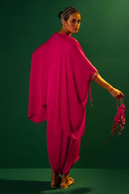 Shop Prahnaaya Pink Satin Sequins, Embroidery Round Neck Placement Hand Tunic With Dhoti Skirt at Aza Fashions Shop_Prahnaaya_Pink Satin Sequins, Embroidery Round Neck Placement Hand Tunic With Dhoti Skirt _at_Aza_Fashions