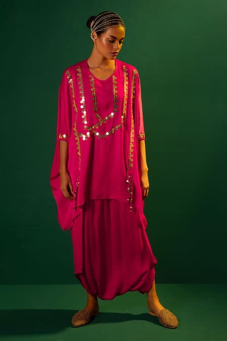 Prahnaaya Pink Satin Sequins, Embroidery Round Neck Placement Hand Tunic With Dhoti Skirt Online at Aza Fashions Prahnaaya_Pink Satin Sequins, Embroidery Round Neck Placement Hand Tunic With Dhoti Skirt _Online_at_Aza_Fashions