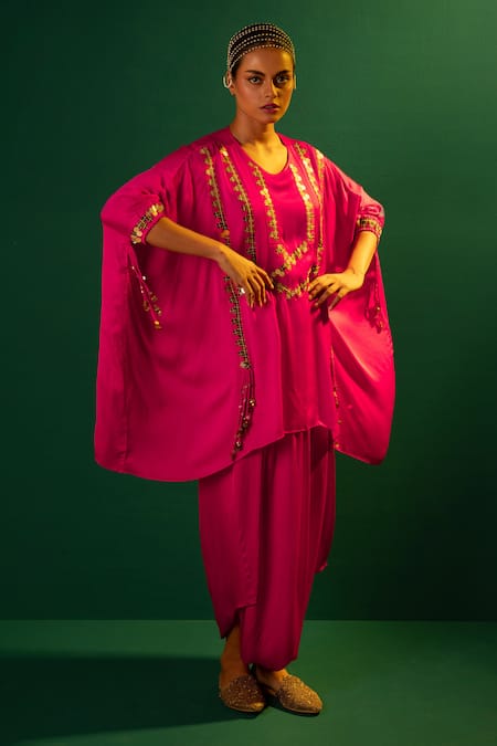 Buy Prahnaaya Pink Satin Sequins, Embroidery Round Neck Placement Hand Tunic With Dhoti Skirt Online at Aza Fashions Buy_Prahnaaya_Pink Satin Sequins, Embroidery Round Neck Placement Hand Tunic With Dhoti Skirt _Online_at_Aza_Fashions