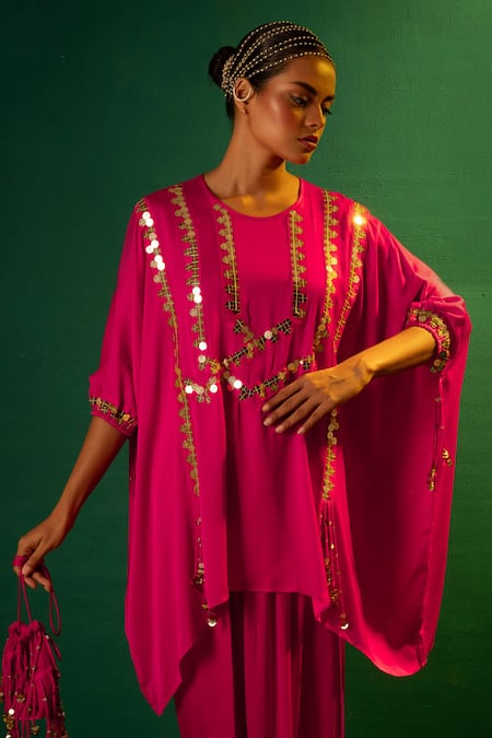 Shop Prahnaaya Pink Satin Sequins, Embroidery Round Neck Placement Hand Tunic With Dhoti Skirt Online at Aza Fashions Shop_Prahnaaya_Pink Satin Sequins, Embroidery Round Neck Placement Hand Tunic With Dhoti Skirt _Online_at_Aza_Fashions