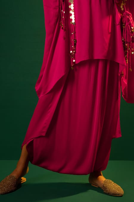Prahnaaya Pink Satin Sequins, Embroidery Round Neck Placement Hand Tunic With Dhoti Skirt at Aza Fashions Prahnaaya_Pink Satin Sequins, Embroidery Round Neck Placement Hand Tunic With Dhoti Skirt _at_Aza_Fashions