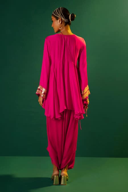 Shop Prahnaaya Pink Satin Sequins Ariyana Placement Hand Embroidered Kurta With Dhoti Skirt at Aza Fashions Shop_Prahnaaya_Pink Satin Sequins Ariyana Placement Hand Embroidered Kurta With Dhoti Skirt _at_Aza_Fashions