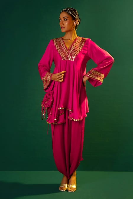 Prahnaaya Pink Satin Sequins Ariyana Placement Hand Embroidered Kurta With Dhoti Skirt Online at Aza Fashions Prahnaaya_Pink Satin Sequins Ariyana Placement Hand Embroidered Kurta With Dhoti Skirt _Online_at_Aza_Fashions
