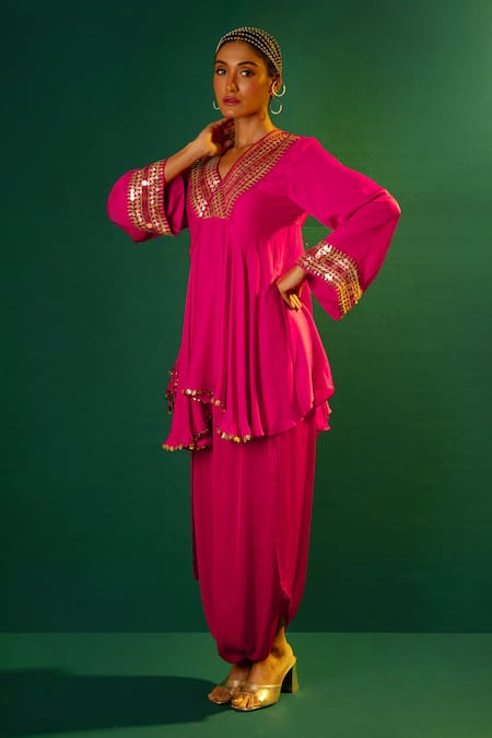 Buy Prahnaaya Pink Satin Sequins Ariyana Placement Hand Embroidered Kurta With Dhoti Skirt Online at Aza Fashions Buy_Prahnaaya_Pink Satin Sequins Ariyana Placement Hand Embroidered Kurta With Dhoti Skirt _Online_at_Aza_Fashions