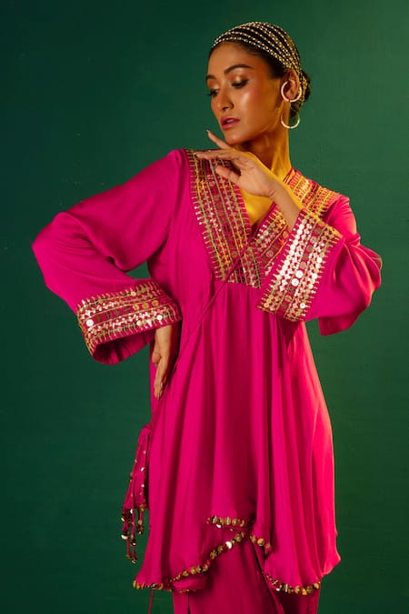 Shop Prahnaaya Pink Satin Sequins Ariyana Placement Hand Embroidered Kurta With Dhoti Skirt Online at Aza Fashions Shop_Prahnaaya_Pink Satin Sequins Ariyana Placement Hand Embroidered Kurta With Dhoti Skirt _Online_at_Aza_Fashions