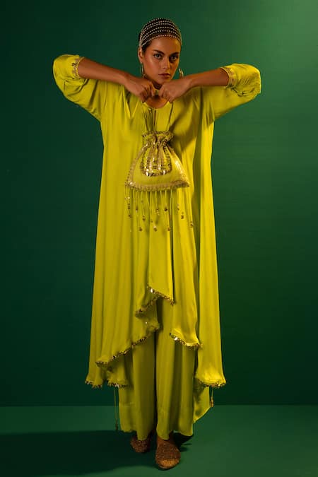 Prahnaaya_Green Satin Mirrors, Sequins Round Saasha Border Embroidered Kurta And Palazzo Set _at_Aza_Fashions