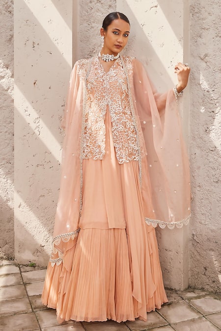 Nidhika Shekhar Pink Georgette, Organza, Linen Bahaar E Jalsa Floral Anarkali With Cape Online at Aza Fashions Nidhika Shekhar_Pink Georgette, Organza, Linen Bahaar E Jalsa Floral Anarkali With Cape _Online_at_Aza_Fashions