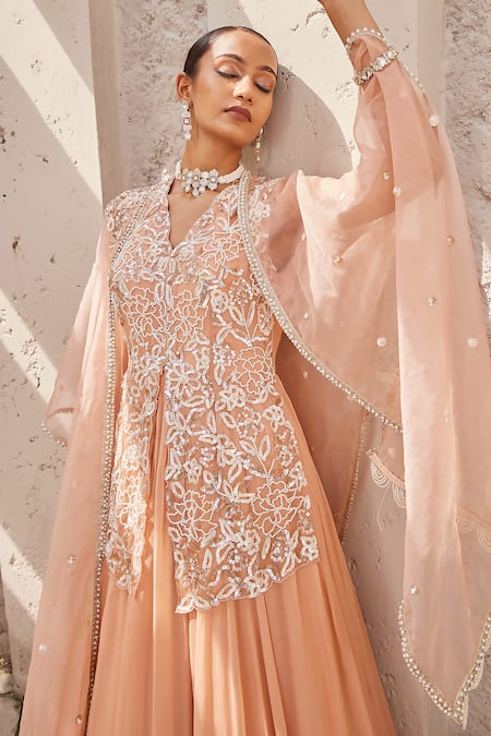 Shop Nidhika Shekhar Pink Georgette, Organza, Linen Bahaar E Jalsa Floral Anarkali With Cape Online at Aza Fashions Shop_Nidhika Shekhar_Pink Georgette, Organza, Linen Bahaar E Jalsa Floral Anarkali With Cape _Online_at_Aza_Fashions