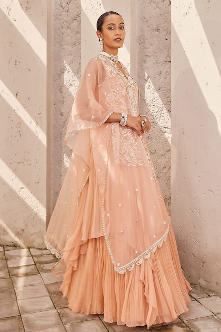 Nidhika Shekhar Pink Georgette, Organza, Linen Bahaar E Jalsa Floral Anarkali With Cape at Aza Fashions Nidhika Shekhar_Pink Georgette, Organza, Linen Bahaar E Jalsa Floral Anarkali With Cape _at_Aza_Fashions