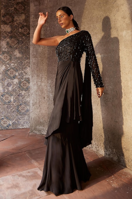 Nidhika Shekhar_Black Organza, Crepe, Linen Crystals, Husna Utsav One Shoulder Embroidered Gown _Online_at_Aza_Fashions