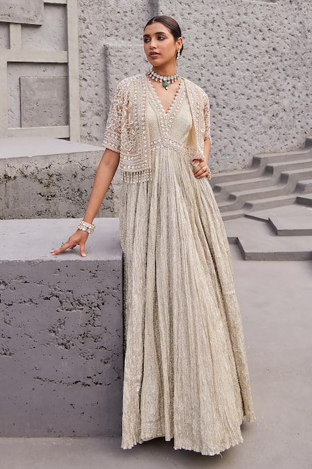Nidhika Shekhar_Gold Organza, Net, Crepe Maharani Suvarn Embroidered Anarkali With Cape Jacket _Online_at_Aza_Fashions