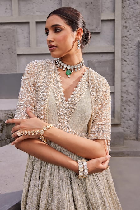 Buy_Nidhika Shekhar_Gold Organza, Net, Crepe Maharani Suvarn Embroidered Anarkali With Cape Jacket _Online_at_Aza_Fashions