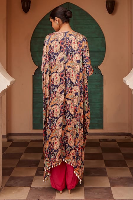 Shop Nidhika Shekhar Blue Crepe Sequins, Cut Work Round Neck Jalsa Paisley Print Kaftan And Pant Set at Aza Fashions Shop_Nidhika Shekhar_Blue Crepe Sequins, Cut Work Round Neck Jalsa Paisley Print Kaftan And Pant Set _at_Aza_Fashions